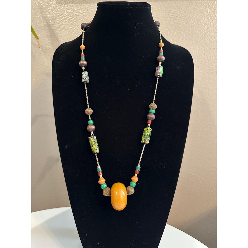 Vintage Vogue Mixed Material Necklace Art Glass Ceramic Wood 30 Inch